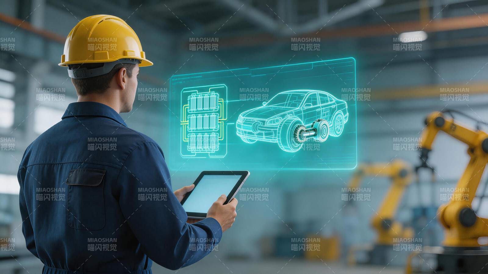 工人使用平板查看汽车电池与底盘全息模型图片