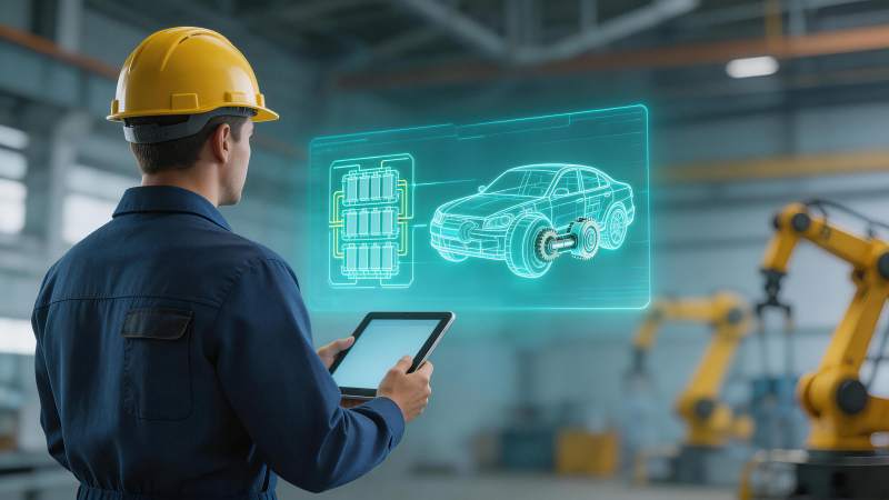 工人使用平板查看汽车电池与底盘全息模型图片