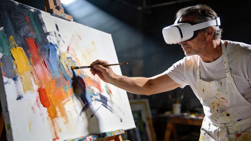 佩戴虚拟现实设备的画家正在画布上创作抽象图片
