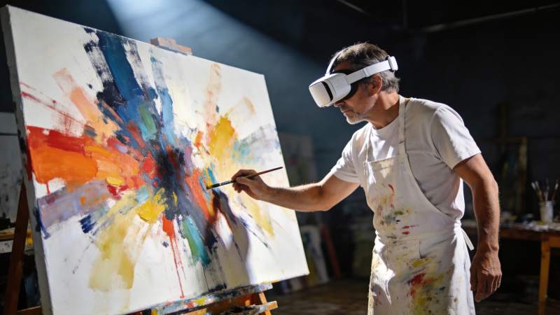 画家佩戴虚拟现实设备进行抽象绘画创作图片