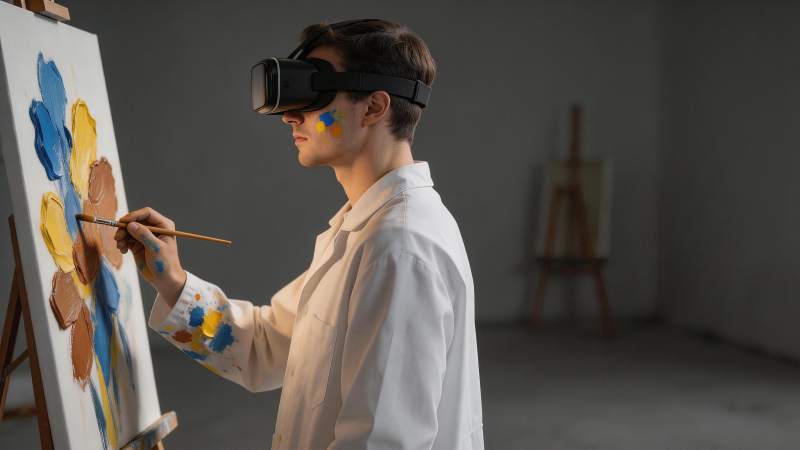 佩戴VR设备的画家正在画布上创作抽象花卉图片