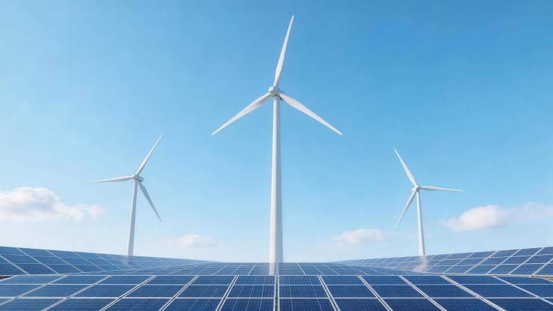 风力发电机与太阳能电池板并列排列场景图片