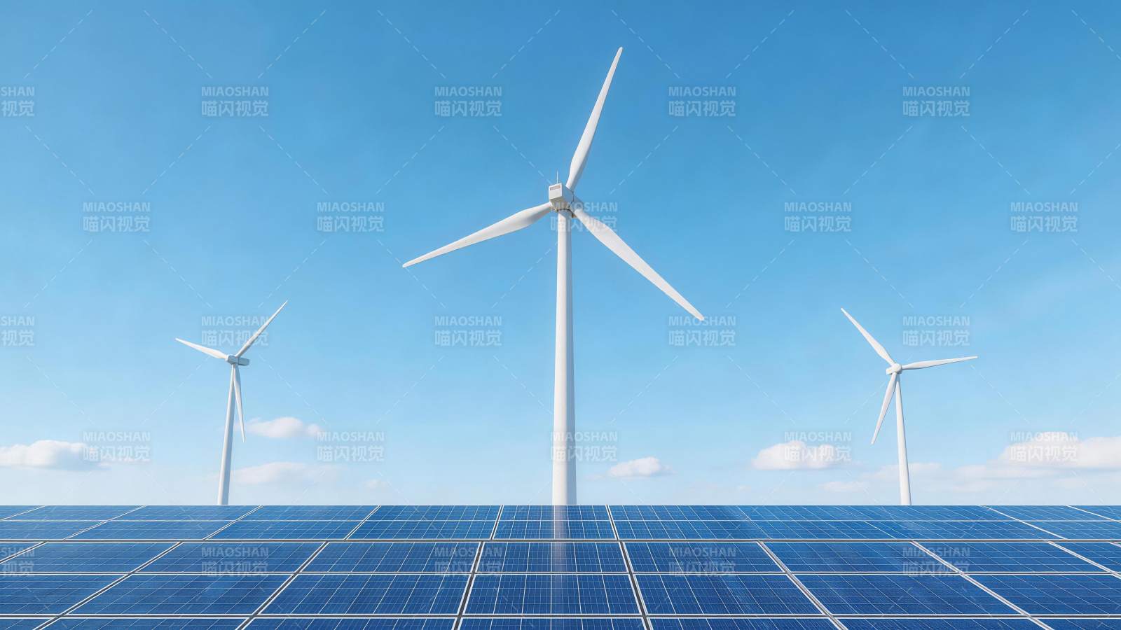 风力发电机与太阳能电池板组合发电场景图片