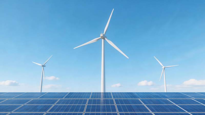 风力发电机与太阳能电池板组合发电场景图片