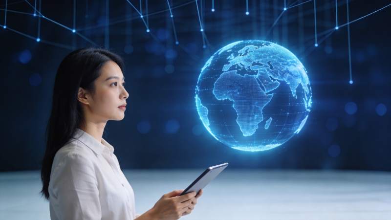 女性手持平板注视全息地球模型图片