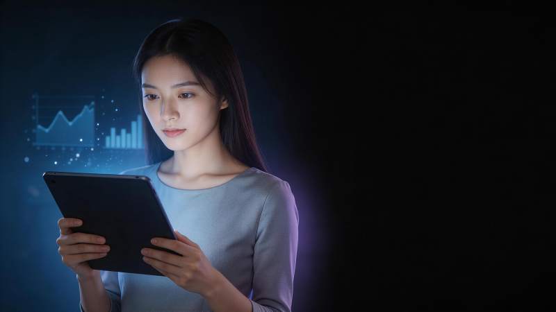 女性手持平板查看蓝色数据图表界面图片