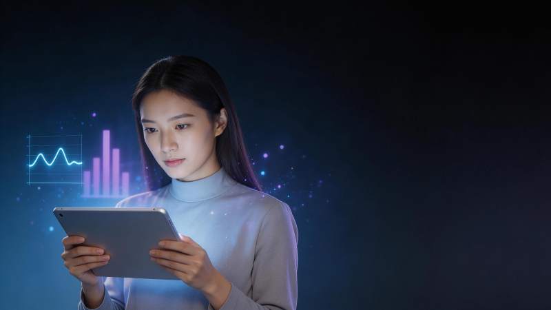 女性手持平板查看数据图表界面图片