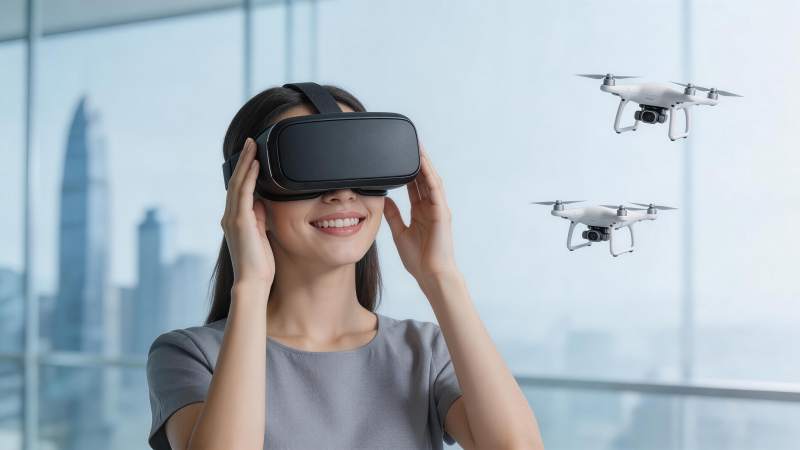 女性佩戴虚拟现实头盔体验无人机飞行图片