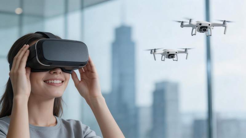 女子佩戴VR眼镜观看空中飞行的无人机图片