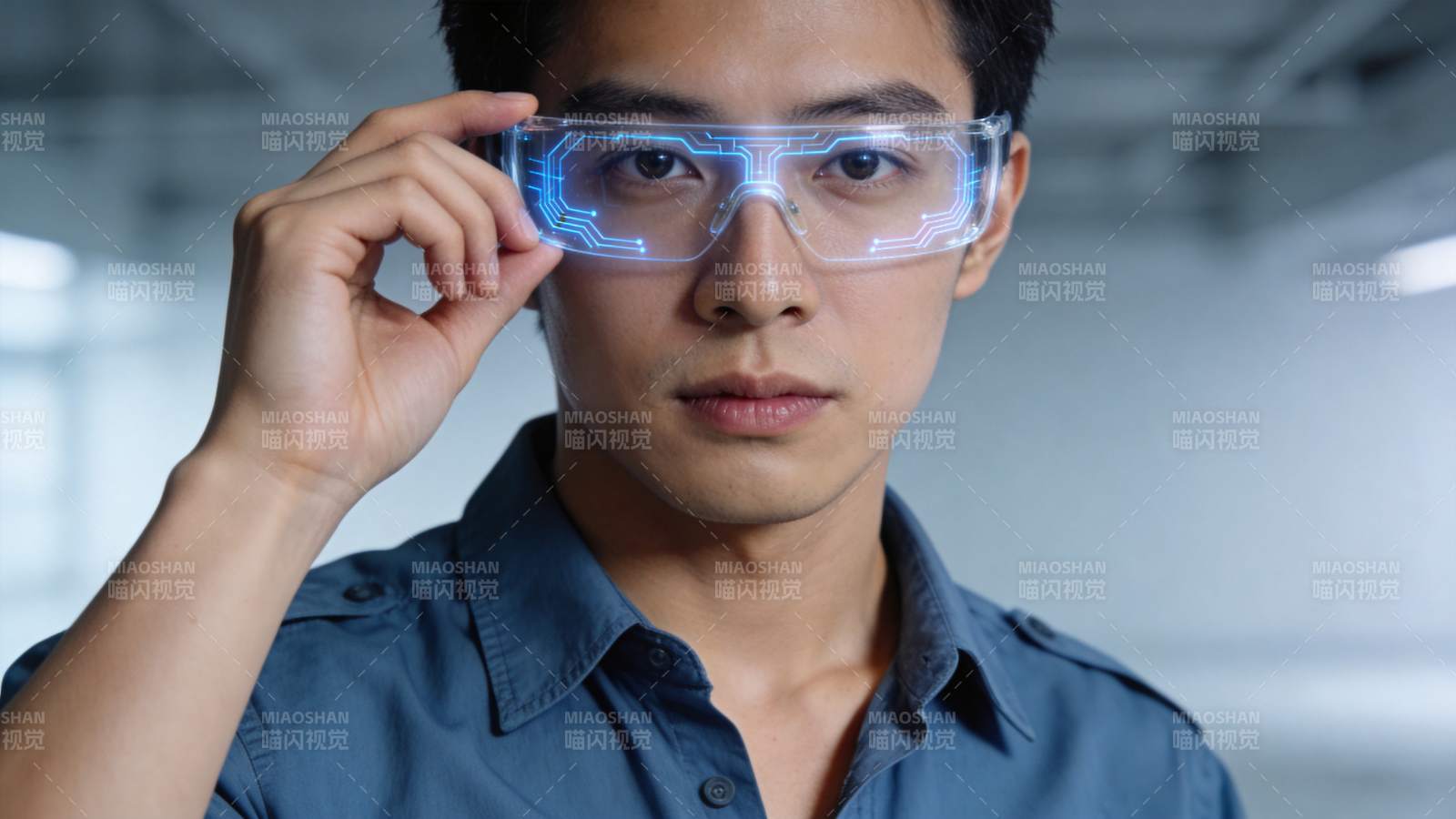 男子佩戴蓝色发光电路图案智能眼镜图片