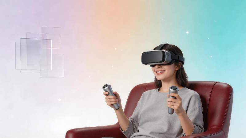 女性佩戴VR头显手持控制器体验虚拟现实图片