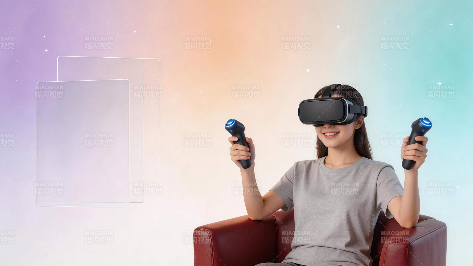 女性佩戴VR头显手持控制器体验虚拟现实图片