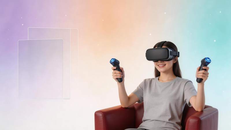 女性佩戴VR头显手持控制器体验虚拟现实图片