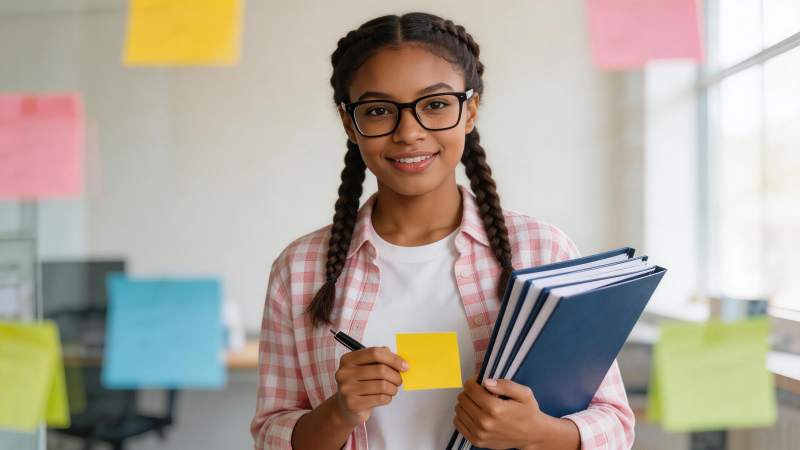 戴眼镜女生手持便签与文件夹微笑站立图片