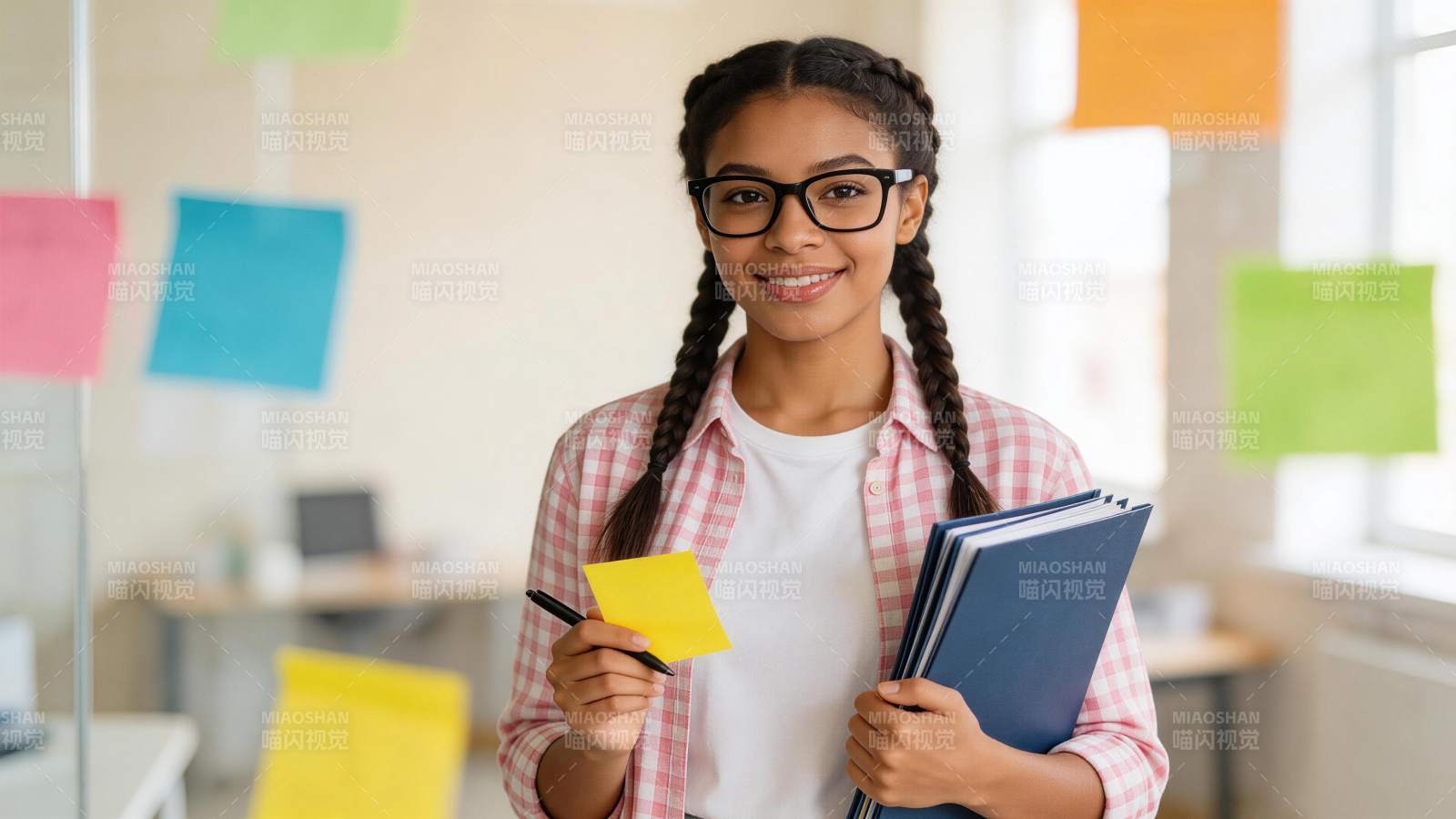 戴眼镜女生手持便签与文件夹微笑站立图片