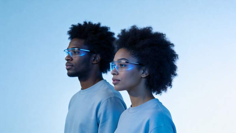 两位佩戴蓝色发光智能眼镜的人物侧影图片