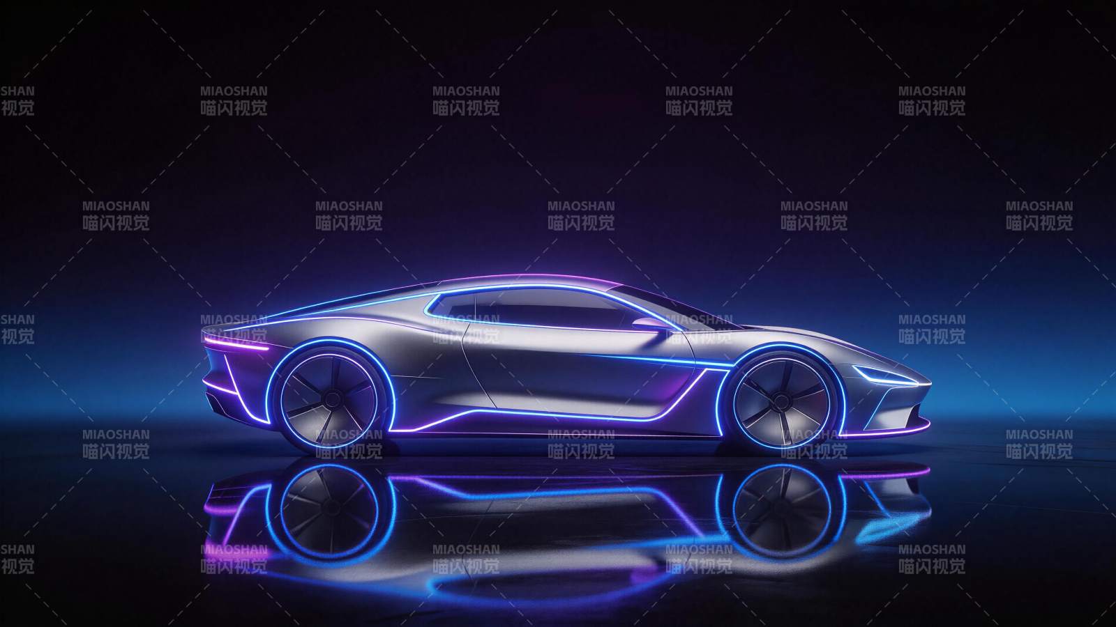 霓虹灯带装饰的银色未来感跑车侧面展示图片