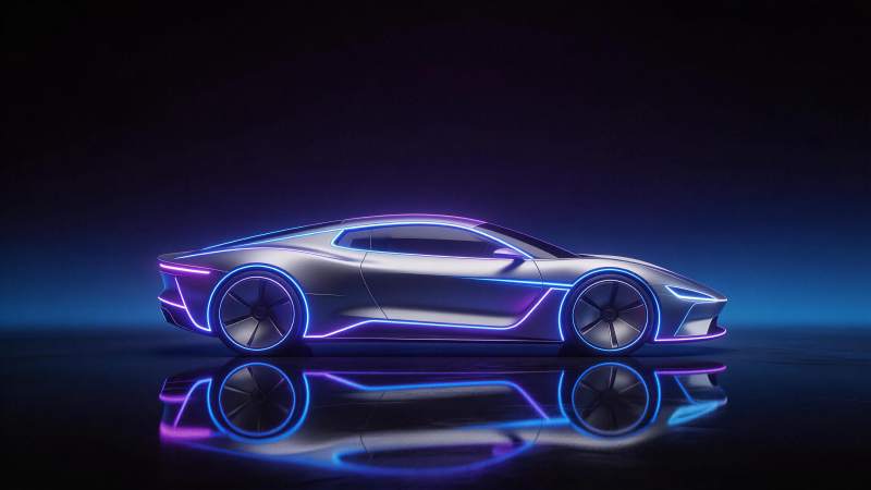 霓虹灯带装饰的银色未来感跑车侧面展示图片