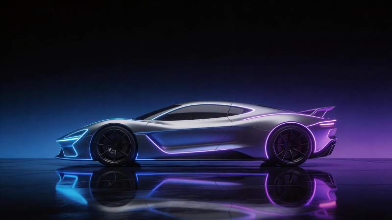 银色跑车侧面轮廓配蓝紫霓虹灯带效果图片