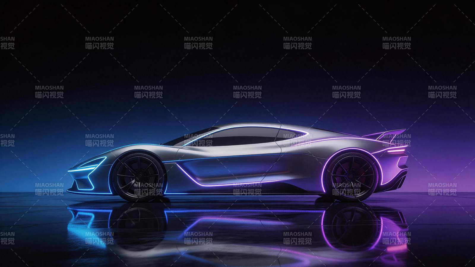 银色跑车侧面轮廓配蓝紫霓虹灯带效果图片