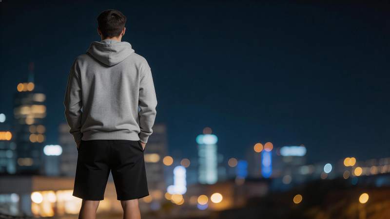 男子背对镜头眺望夜景城市灯光图片