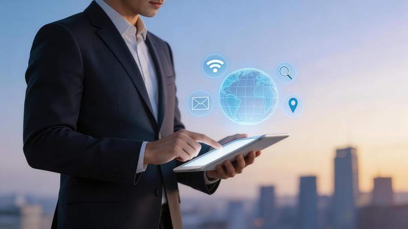 商务人士使用平板操作全球网络图标图片