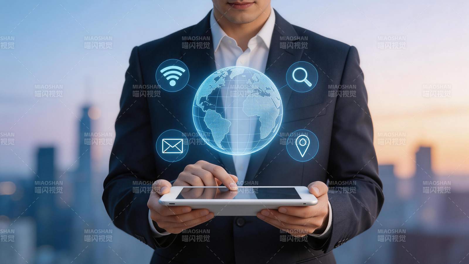 商务人士手持平板操作全球网络图标图片