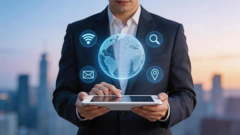 商务人士手持平板操作全球网络图标图片