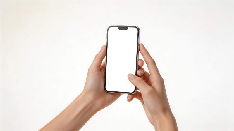 双手持握白色屏幕智能手机特写图片