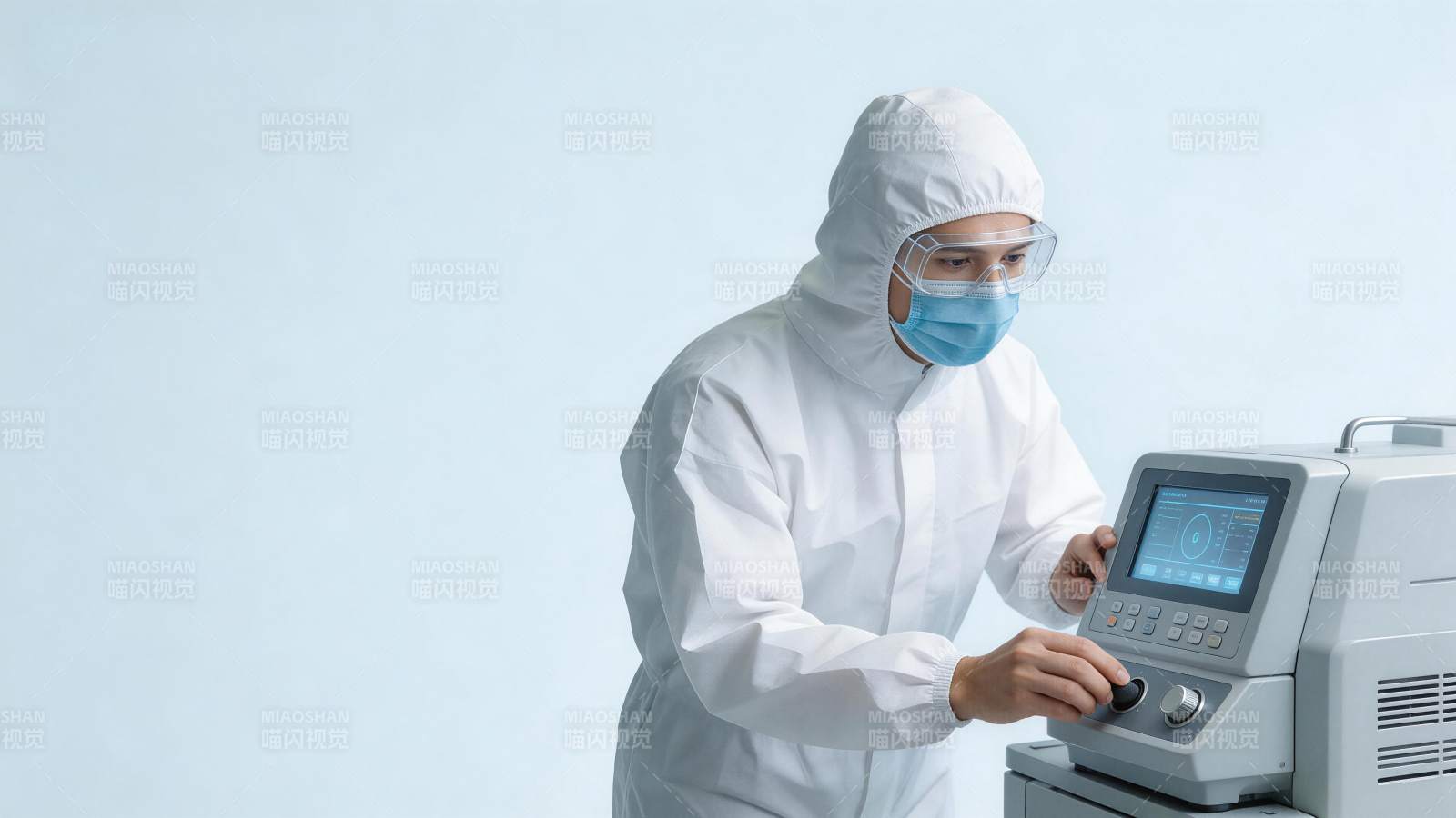 身穿防护服人员操作医疗检测设备图片