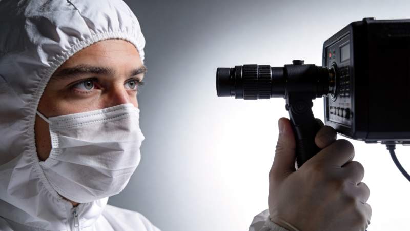 身穿白色防护服人员手持红外热像仪检测图片