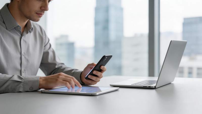 男子办公桌前使用手机平板与笔记本电脑图片