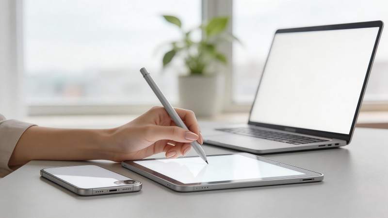 手握触控笔操作平板电脑工作场景图片