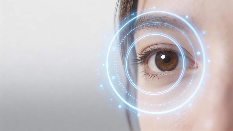 人眼与蓝色科技光环叠加的特写图像图片