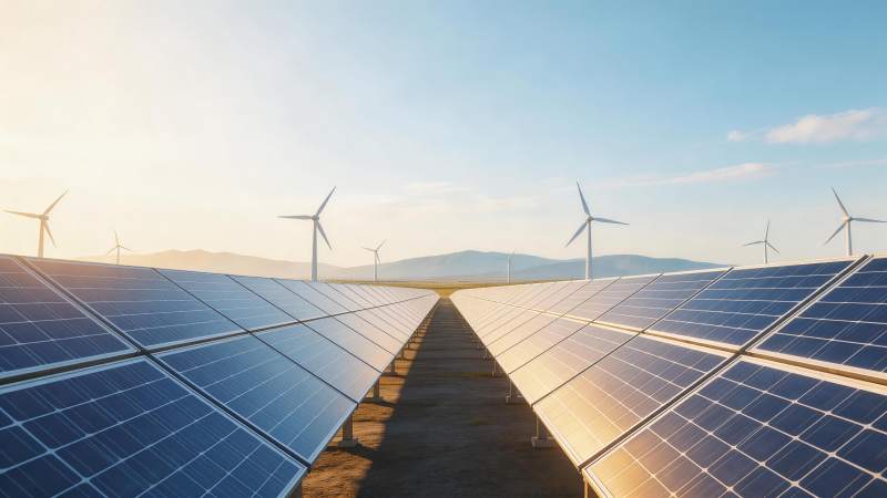 太阳能电池板阵列与风力发电机并排布局图片