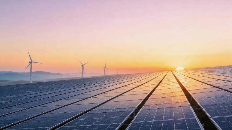 日落时分光伏板阵列与风力发电机并存景象图片