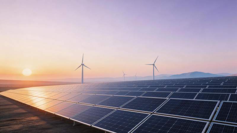 日落时分的太阳能板与风力发电机阵列图片