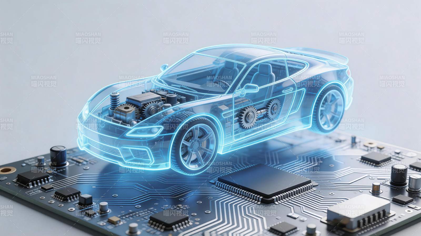 透明汽车模型悬浮于电路板之上展示科技融合图片