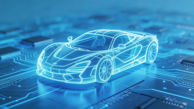 蓝色电路板上的发光跑车线框模型图片