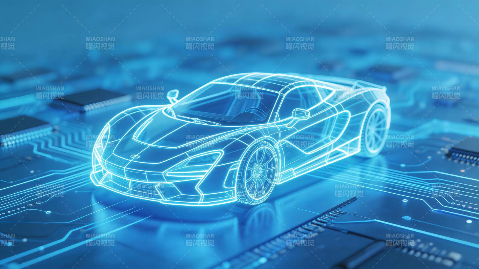 蓝色电路板上的发光跑车线框模型图片