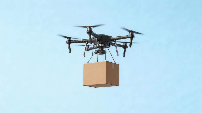 四轴无人机悬吊纸箱飞行中图片