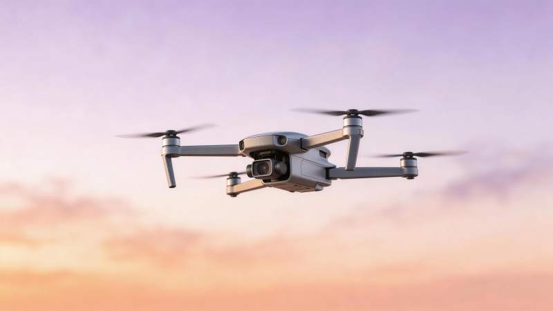 四轴无人机在黄昏天空中飞行拍摄图片