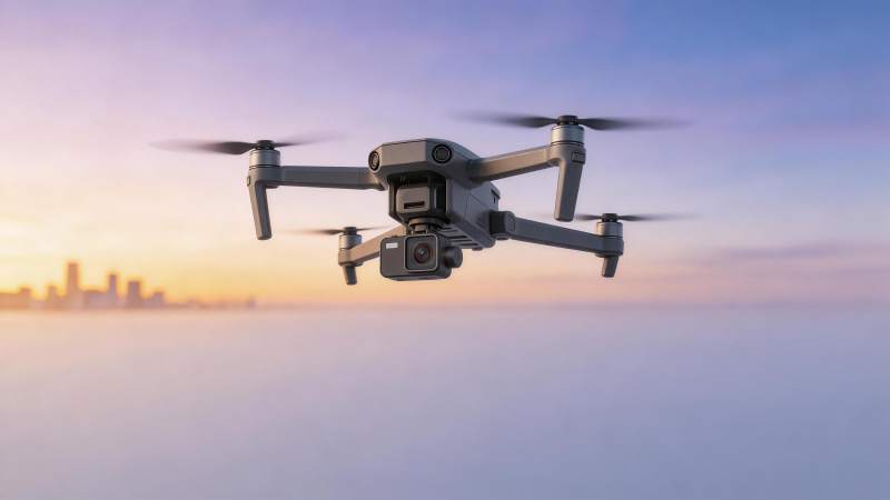 四轴无人机携带相机飞行于城市上空图片