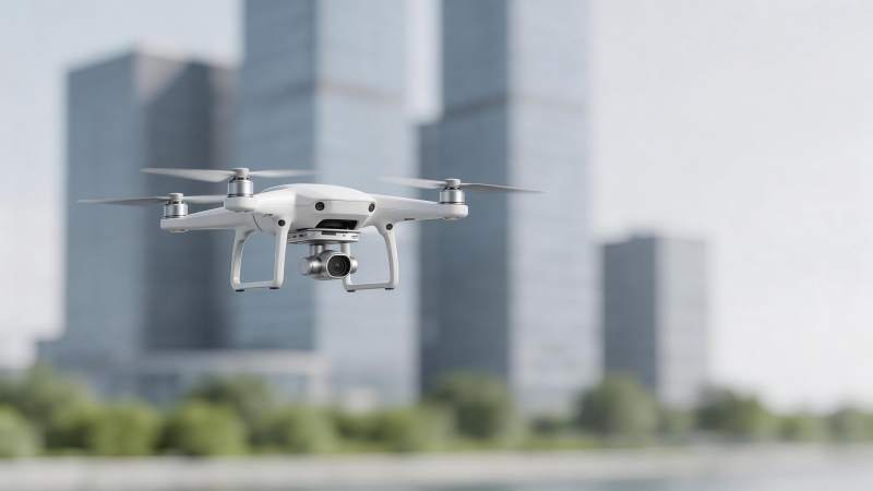 白色四轴无人机悬停于城市建筑前图片