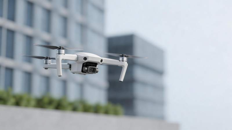 白色四轴无人机空中悬停拍摄城市建筑图片