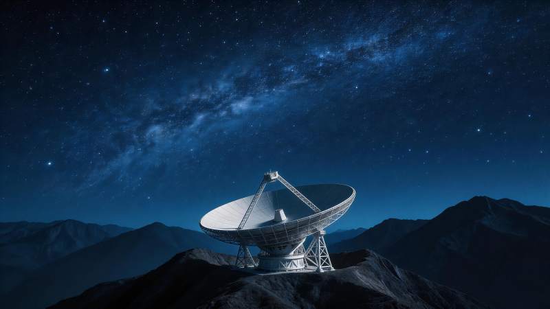 山顶大型射电望远镜仰望银河星空图片