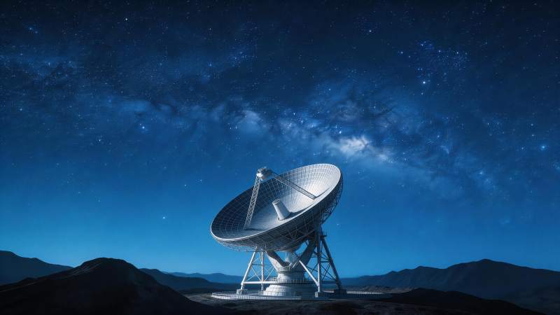 大型射电望远镜矗立于星空下的荒漠山丘间图片