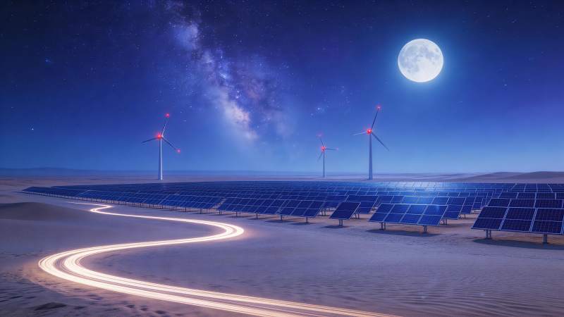 沙漠夜景中太阳能板与风力发电机并列运行图片