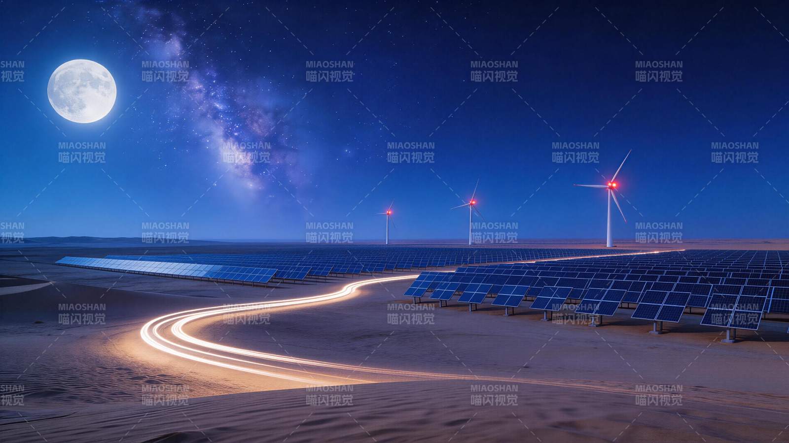 沙漠夜景中太阳能板与风力发电机并列运行图片