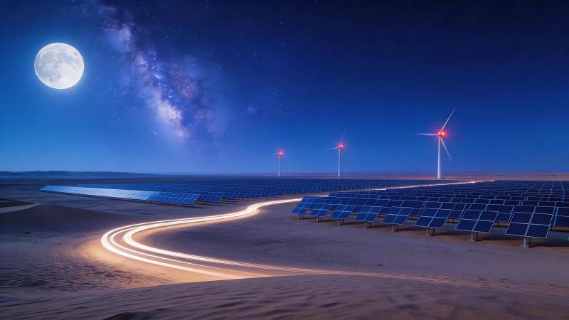 沙漠夜景中太阳能板与风力发电机并列运行图片